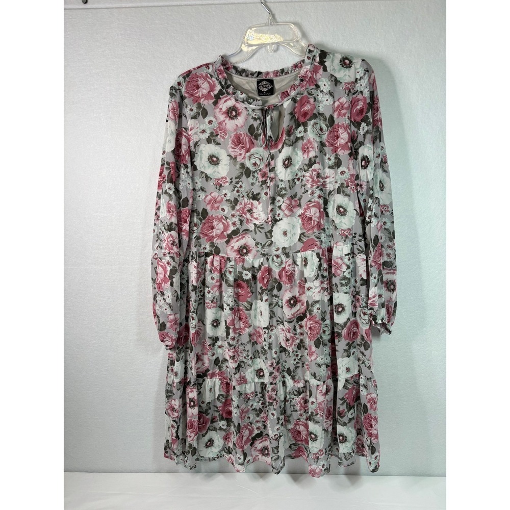 Calstyle Womens M Floral Tiered Dress‎ Pink Gray Long Sleeve Ruffle Boho Cottage